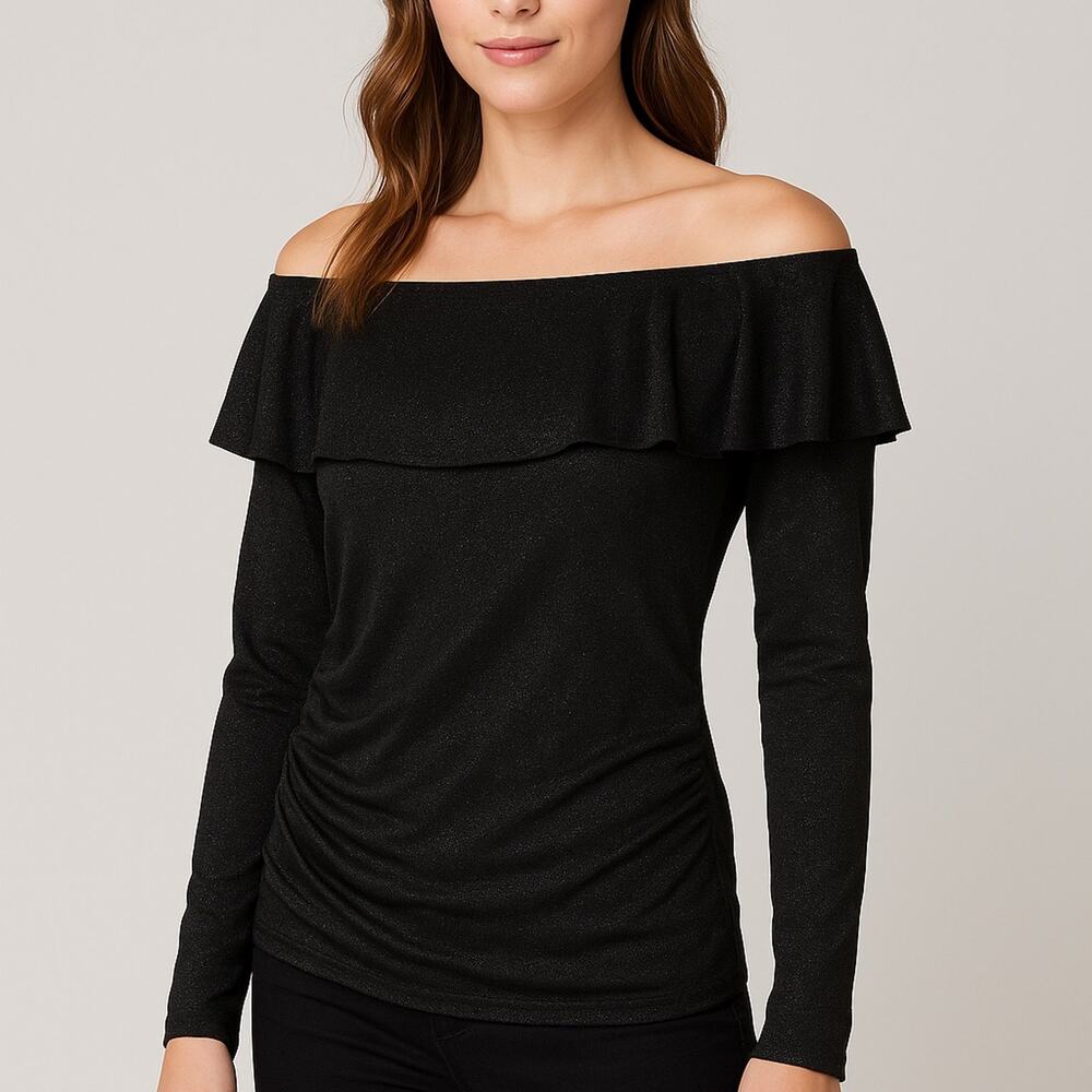 BCX Black Metallic Off-Shoulder Ruffle Long Sleeve Top – Size Medium
